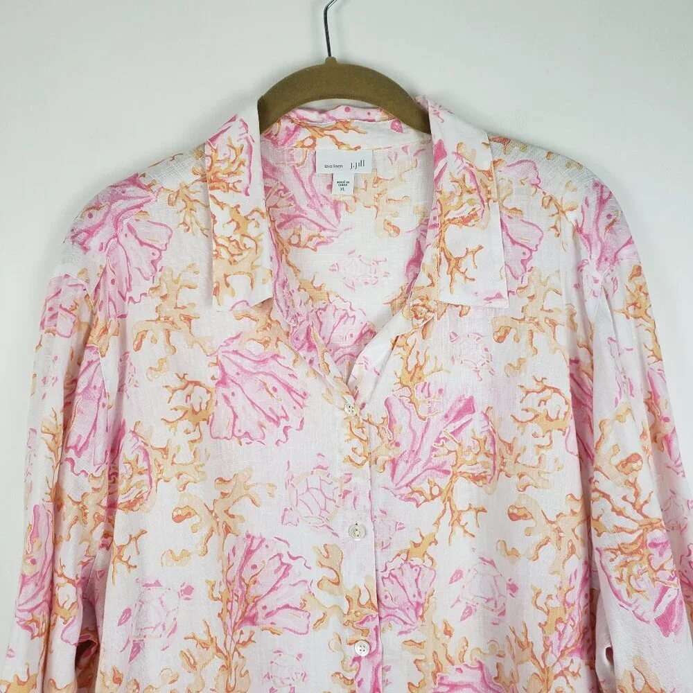 J Jill Love Linen Button Up Shirt Pink Orange Coral Turtle Long Sleeve Size XL - Picture 3 of 8
